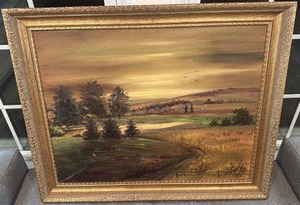 lot 43 image: Framed 22x28 Signed Landscape Oil Painting with Ornate Gold Frame