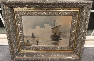 lot 45 image: Framed Seaside Painting with Fishing Boats and Figures, 18 x 14 12 in, Damaged Frame