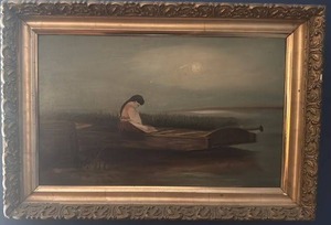 lot 46 image: Framed Antique Oil Painting of Woman by Water, Unsigned, 19.5 x 12.5 in
