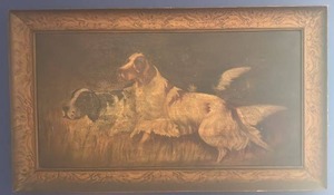 lot 48 image: Framed Vintage Oil Painting of Two Dogs 36x21 Inches