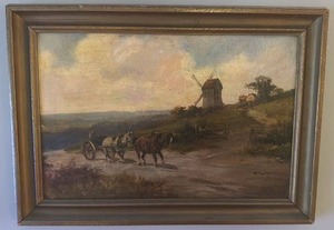 lot 49 image: Vintage Framed Landscape Oil Painting with Windmill and Horse Cart 22 x 16