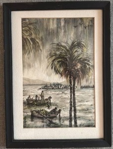 lot 53 image: Framed 11 x 15 Signed Watercolor Landscape with Palm Trees
