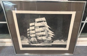 lot 56 image: Framed Signed Print Christian Radich Sailing Ship by Allen 15x18 in