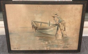 lot 57 image: Framed 14x10 Signed Watercolor Painting of Fisherman and Boat by M.A.E.