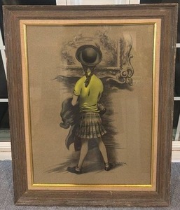 lot 59 image: Framed Signed Artwork of Girl with Hat 22.5 x 28.5 in