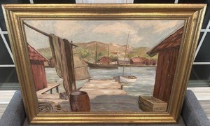 lot 61 image: A Jensen Framed Harbor Oil Painting with Boats and Docks