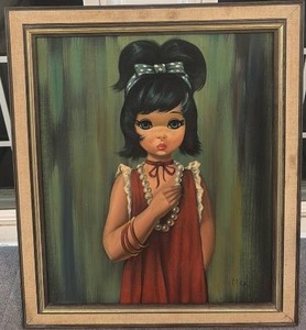 lot 65 image: Signed 24x28 Framed Painting of Girl in Red Dress by EDEA