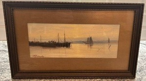 lot 72 image: Framed Harbor Scene Painting Signed by Artist, 14 x 9.5 in Frame