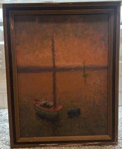 lot 73 image: Framed Oil Painting of a Boat at Sunset 17 12 x 13 12 Unsigned