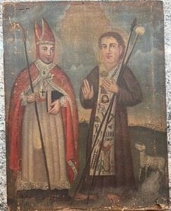 lot 75 image: Antique Religious Oil Painting of Two Saints with Lamb