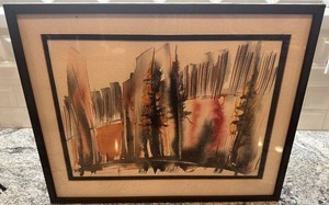 lot 77 image: Signed Abstract Watercolor Painting Framed 20x16