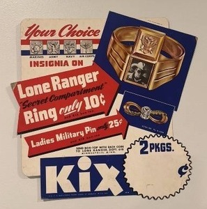 lot 103 image: 1942 Lone Ranger Cereal Premium Mail-In Ad Card with Secret Compartment Ring and Military Pin Offer