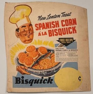 lot 104 image: Vintage Bisquick Spanish Corn Recipe Card Advert with Chef Illustration