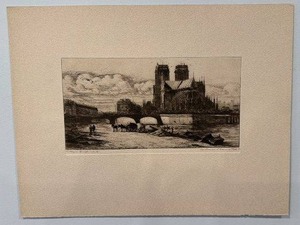 lot 154 image: Etched Print of Notre Dame Scene by E. Morgan, Matted 16 x 12