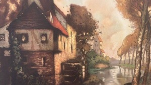 lot 166 image: Vintage Watermill Landscape Print by Giovanni, 19 34 x 15 Inches