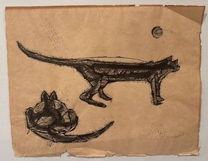 lot 168 image: Signed Abstract Ink Drawing on Aged Paper, 13 x 17 Inches