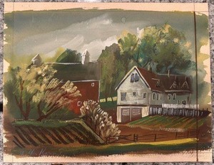 lot 170 image: Rustic Farmhouse Landscape Painting on Paper 9x11 in