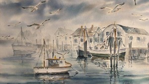 lot 172 image: Original Watercolor Harbor Scene Signed K. Valentas 12.5 x 18.5