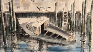 lot 173 image: Original Watercolor Painting by K. Valantas, Boat Dock Scene, 12.5 x 18.5 Inches