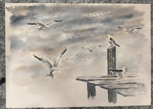 lot 174 image: K. Valentas 10 x 14 Watercolor Seagull Artwork