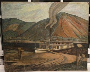 lot 190 image: Vintage Riverboat Landscape Oil Painting Signed 21 x 17