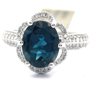 lot 15 image: 3.45 Carat London Blue Topaz & Natural Diamond Floral Halo Ring in 14k White Gold Retail $2,495 VIDEO