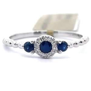 lot 25 image: 0.29 Carat Blue Sapphire & Natural Diamond Halo Three-Stone Delicate Ring in 14k White Gold Retail $1,095 VIDEO