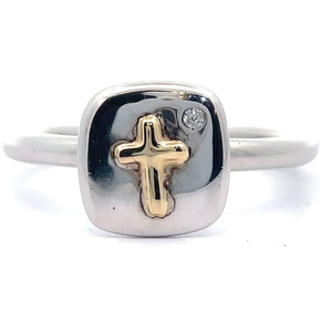 lot 42 image: NEW Natural Diamond Solitaire Cross Tablet Comfort-Fit Two-Tone Ring VIDEO