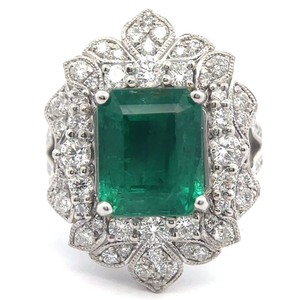 lot 1001 image: Lavish 7.07 Carat Emerald & Natural Diamond Cluster Split Shank XL Ring in Platinum w Report VIDEO