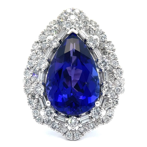 lot 1002 image: 8.66 Carat Natural AAA Fine Quality Tanzanite & Natural Diamond Pear Cluster Ring in Platinum w GIA REPORT VIDEO