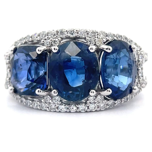 lot 1005 image: NEW 6.60 Carat Ceylon Sapphire & Natural Diamond Three-Stone Ring in Platinum w Report VIDEO