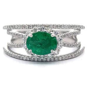 lot 1007 image: 1.36 Carat Natural Emerald & Pav Natural Diamond Split Shank Orbital Ring in Platinum w Report VIDEO