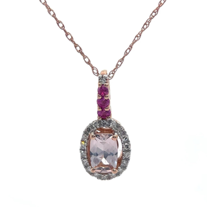 lot 32 image: Morganite, Pink Sapphire & Natural Diamond Drop Halo Pendant Necklace in 14k Rose Gold VIDEO