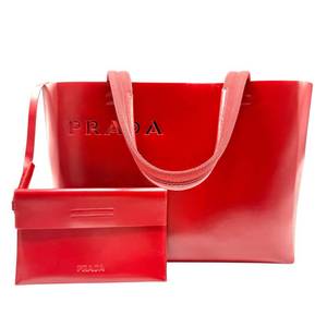 lot 11F image: Prada Red Leather Medium Tote with Pouch w Punch-Out Logo Pre-Owned Retail $2,200
