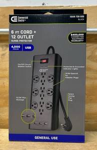 lot 65 image: Commercial Electric 6 ft. 12-Outlet Black Surge Protector with USB