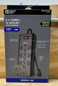 lot 66 image: Commercial Electric 6 ft. 12-Outlet Black Surge Protector with USB