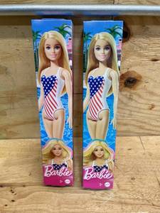 lot 216 image: Barbie - Lot of 2 - GPB17 Beach Blonde Doll One-Piece Swimsuit with American Flag Inspired Design for Children Toy