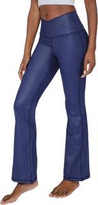lot 222 image: 90 Degree By Reflex Faux Leather Flared Leg Yoga Pants - Squat Proof Interlink V-Back Cire Leggings