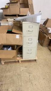 lot 4 image: Pallet Lot Metal Filing Cabinet, Framed Art Prints, Kids Play Kitchen, Red Sleds, Office and Pantry Items