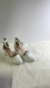 lot 15 image: IDIFU White PU Ankle Strap Heels Size US 7.5 with Box
