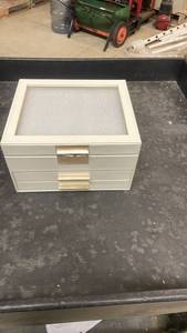 lot 132 image: White Three Drawer Jewelry Box with Glass Lid and Mirror
