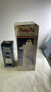 lot 177 image: Pump Pot Liquid Dispenser and Slap Chop Food Chopper Set