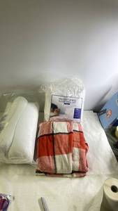 lot 183 image: Queen Bedding Set with Protect-A-Bed Sleep Well Kit, Pillow, and Plaid Blanket