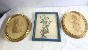 lot 185 image: Set of 2 Framed Vintage Needlework and 1 Art Print