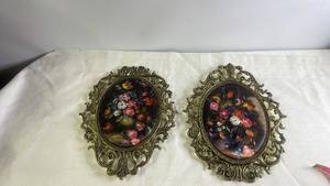 lot 188 image: Pair of Ornate Brass Framed Floral Prints Wall Decor
