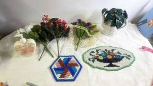 lot 190 image: Lot of Artificial Flowers, Ceramic Pump Dispenser, Decor, and Beaded Coasters