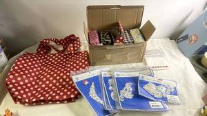 lot 193 image: Craft Supplies Bundle with Polka Dot Tote, Lace Applique, and Ribbon Collection