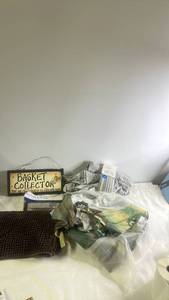 lot 200 image: Bathroom Decor Lot with Rugs, Basket Collector Sign, Shower Curtain, and Bath Mat