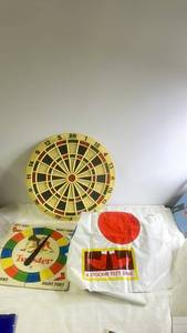 lot 210 image: Vintage Regent Dartboard, Twister Mat, and Stockin Feet Game Set