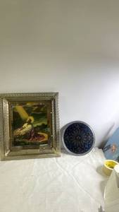lot 212 image: Framed Religious Print and Round Decorative Stained Glass Tray